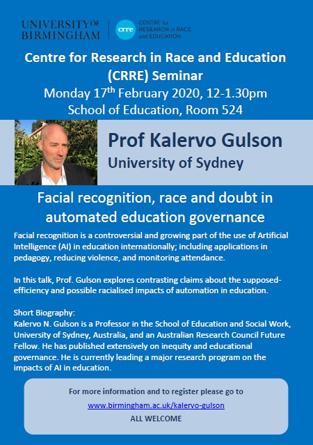 ESJ (@esj_bham) on Twitter photo Prof Kalervo Gulson (Sydney University) will be exploring 'Facial Recognition and Doubt in Automated Education Governance' in the next CRRE seminar. More info and to register: tinyurl.com/utywhkd @UoB_CRRE <a href="/unibirmingham/">Uni of Birmingham</a> <a href="/CoSS_Birmingham/">College of Social Sciences</a> Prof Kalervo Gulson (Sydney University) will be exploring 'Facial Recognition and Doubt in Automated Education Governance' in the next CRRE seminar. More info and to register: tinyurl.com/utywhkd @UoB_CRRE <a href="/unibirmingham/">Uni of Birmingham</a> <a href="/CoSS_Birmingham/">College of Social Sciences</a>