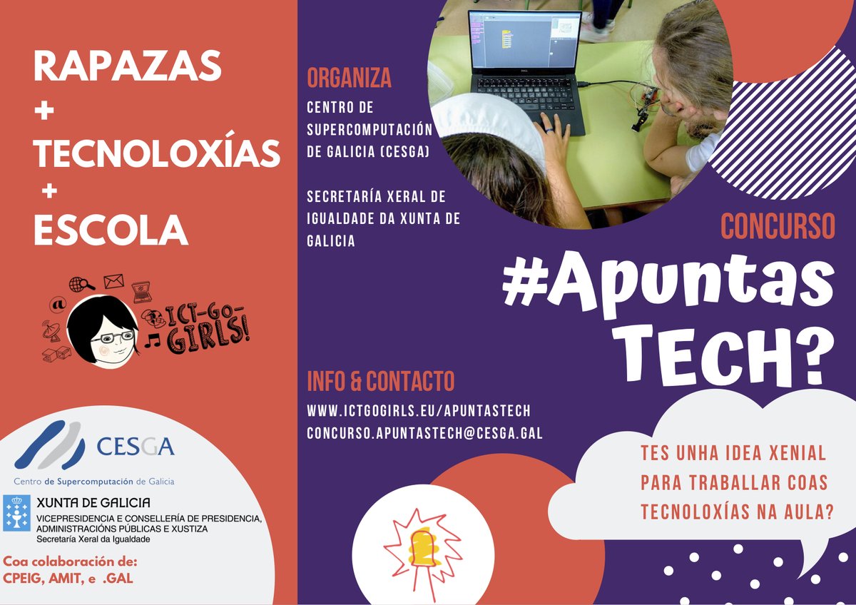 WomANDigital_'s tweet photo. ¿Tienes una idea para trabajar con tecnologías en el aula?
Cesga celebra la 2ª ed. de #ApuntasTech, un concurso para encontrar propuestas de uso de las TIC en los colegios y para incentivar su uso entre las alumnas.
¿Te interesa? Sigue leyendo 👇
https://t.co/6ARcO3JCeZ https://t.co/urgHs1UdQ1