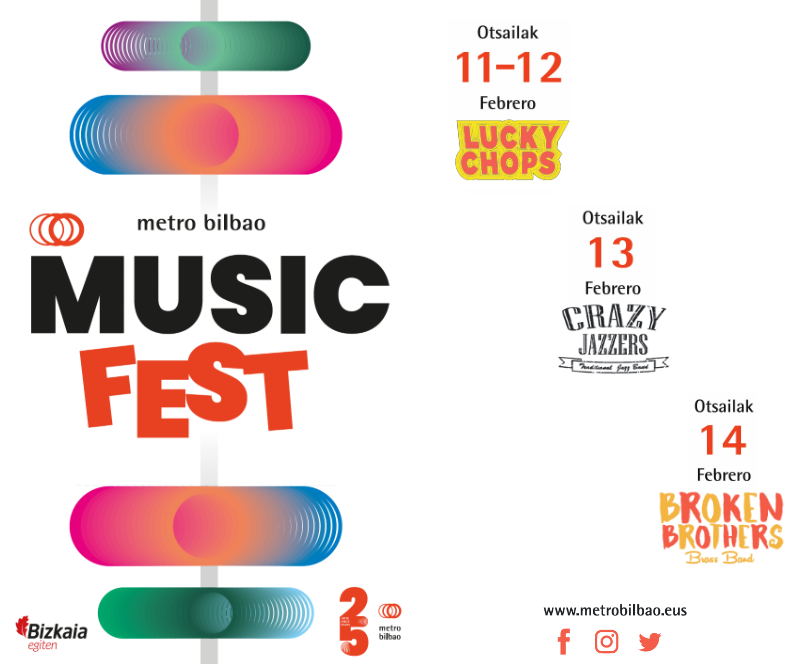 Con motivo de la celebración del 25 aniversario de Metro Bilbao, se ha organizado el Metro Music Fest  del 11-14 de febrero
Metro Bilbaoren 25. ureteaurrena dela eta, Metro Music Fest jaialdia antolatu da, otsailaren 11tik, gaur arte <a href="/metro_bilbao/">metrobilbao</a> 

puntouno.es/evento/metro-m…