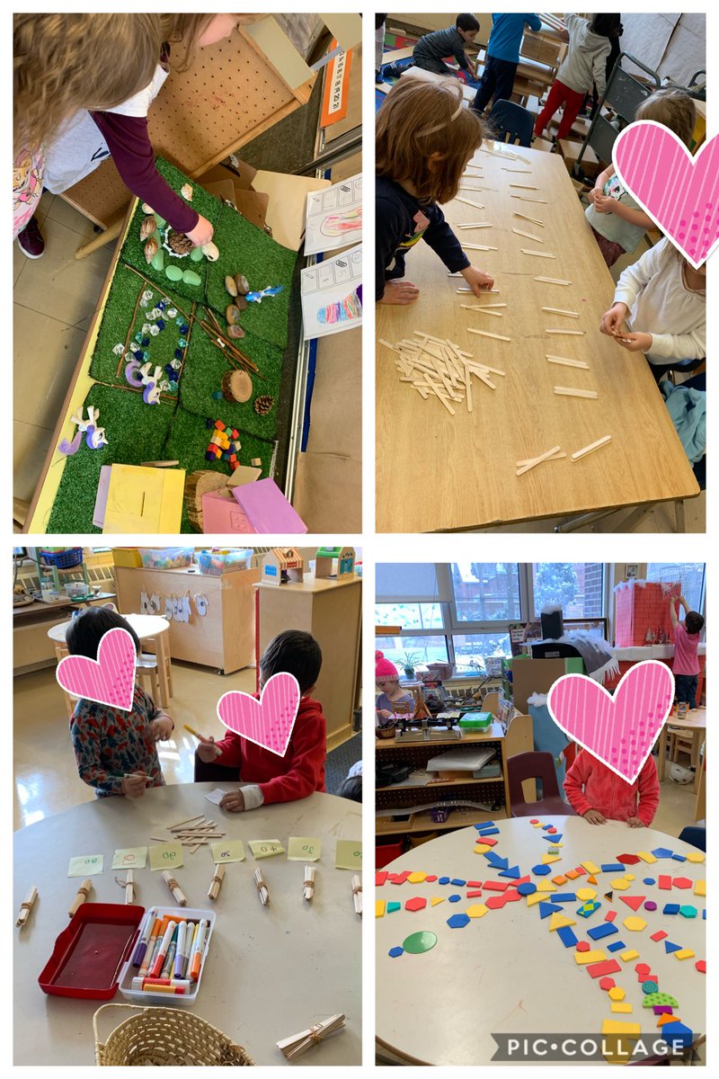 100th day of school activities included: small world play and oral story telling with 100 items, dividing 100 popsicle sticks into equal groups (one group divided by 10’s and the other by 2’s) and one student created a snowflake with 100 pattern blocks.