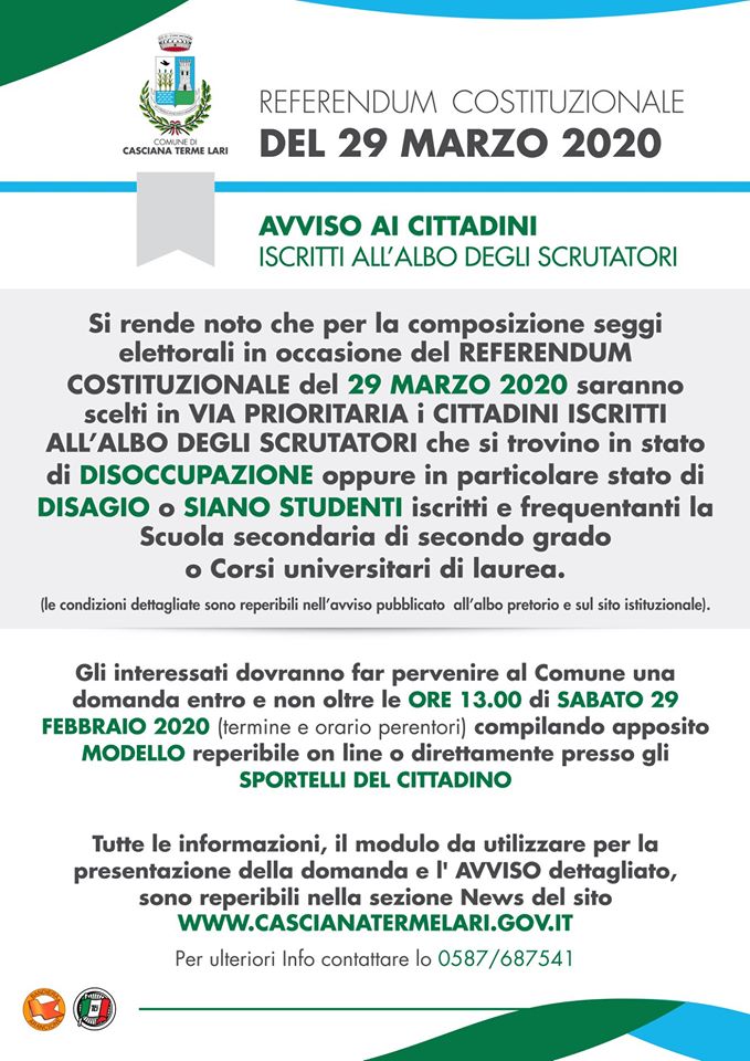 #referendum 29 marzo: avviso per i Cittadini iscritti all'Albo degli #scrutatori. saranno scelti in via prioritaria coloro che dichiareranno di essere in possesso di particolari condizioni. domande entro le h. 13.00 del 29.02.2020. Avviso e modulo ℹ️ bit.ly/2Sejcwe