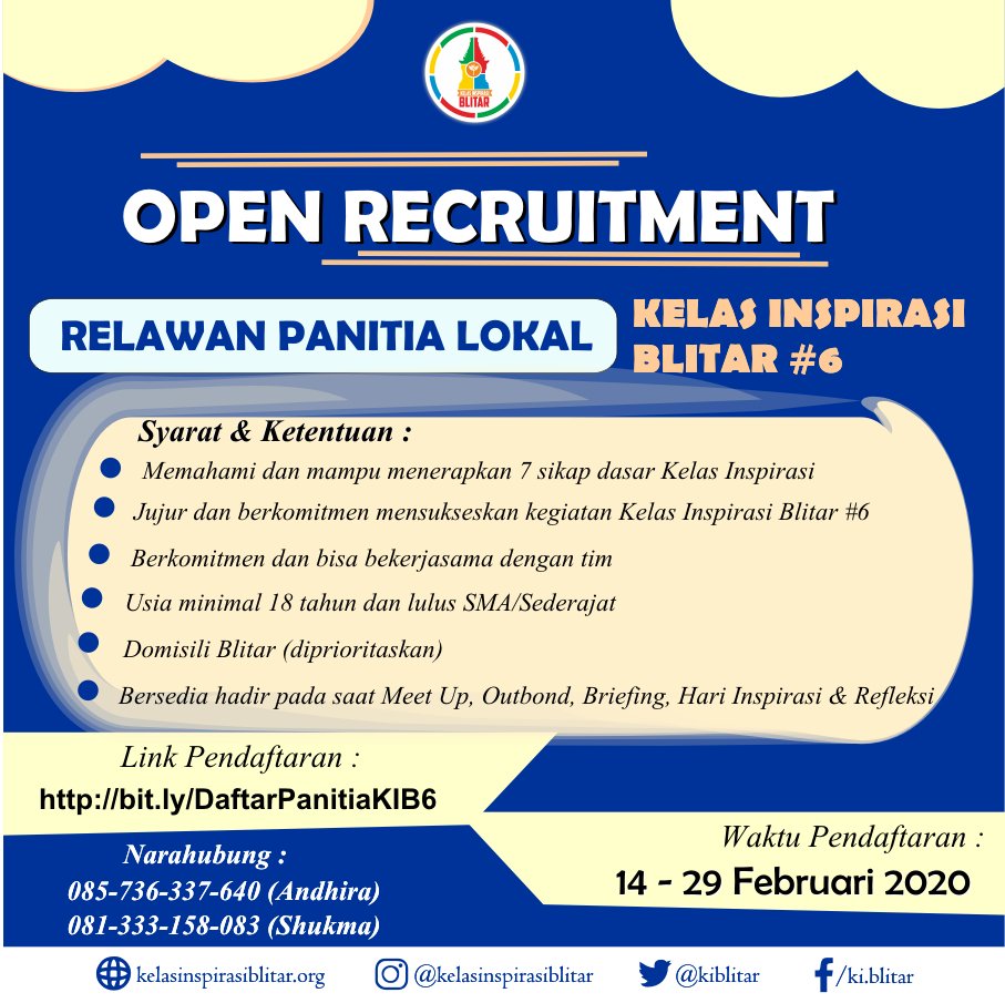 KIBlitar's tweet photo. Yuhuuuuuuu, Pendaftaran Relawan Panitia Lokal Kelas Inspirasi Blitar #6 telah dibukaaaa ✨✨ https://t.co/i8u6DQh6qS
