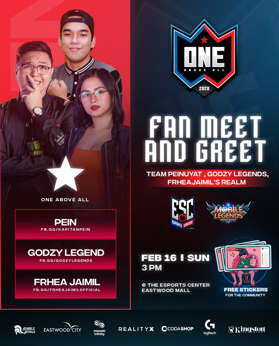 RumbleRoyalePH's tweet photo. LIBRENG STICKERS MULA SA MGA LODI MO! β¨
Suportahan natin sina Pein, Godzy Legends Global at FrheaJaimil sa 1v1 Mobile Legends Match ngayong Linggo, February 16, 3pm @ The Esports Center, Eastwood Mall! π₯
#easytopupcodashop
#PlayLearnCompete
#TheESC
#EsportsForAll
#LogitechG https://t.co/SHy2N88v4O