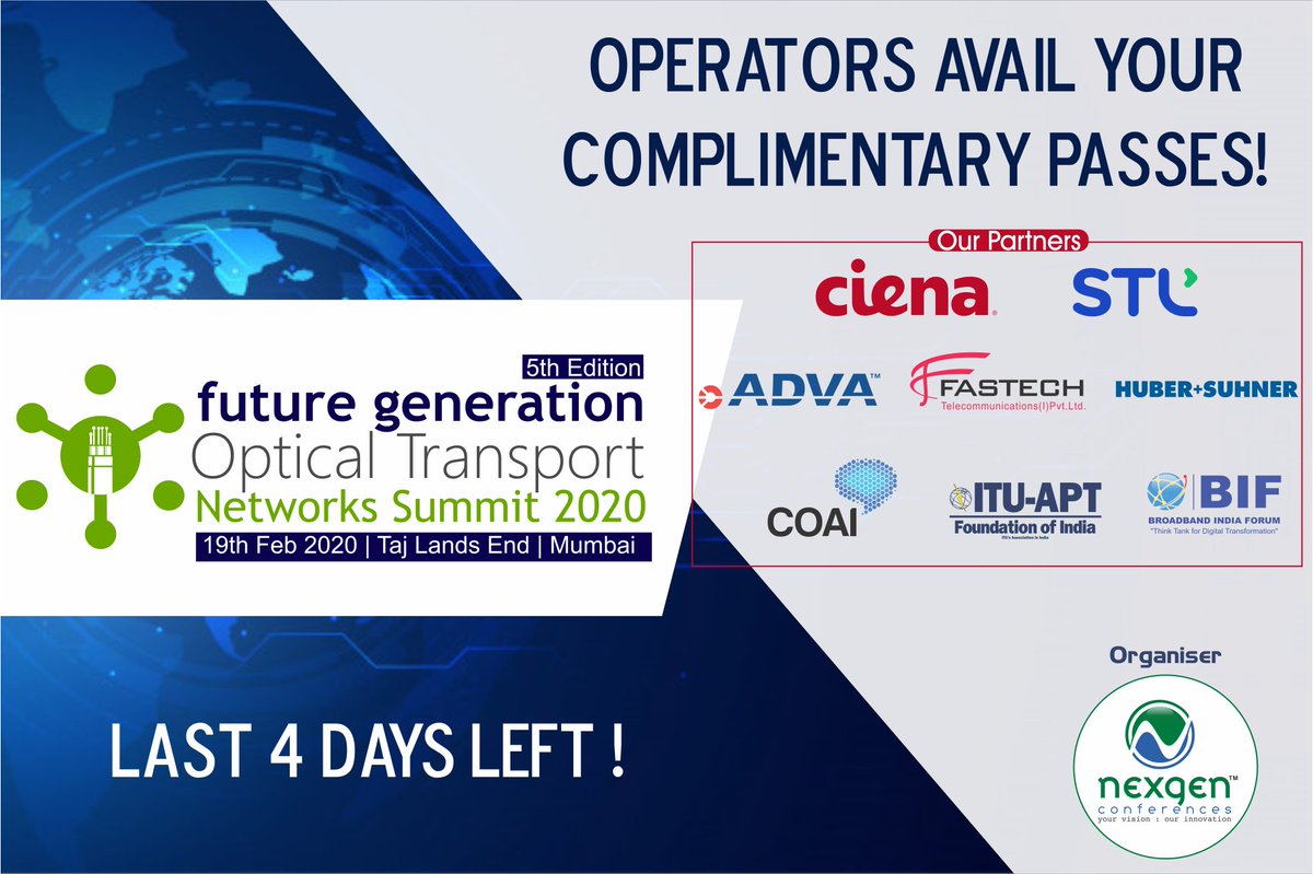 NexgenConferen1's tweet photo. #NGC_FGOTN
Operators Avail Your Complimentary Pass @VodafoneIdeaIN @reliancejio @tata_comm @Airtel_Presence @BSNLCorporate #bbnl @MTNLMbiOfficial
Our #Partners @Ciena @STL_Tech @ADVAOpticalNews #FastechTelecommunications @hubersuhner @ConnectCOAI @ConnectCOAI @ITU @ConnectBIF https://t.co/Lxkv4SiGKO