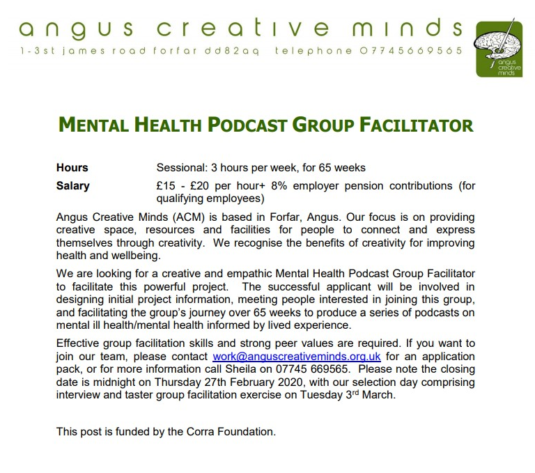 seemescotland's tweet photo. Fancy joining the team @AngusMinds? They're hiring for a Mental Health Podcast Group Facilitator. Closing date is 27th Feb. Contact work@anguscreativeminds.org.uk for an application pack. #HiringNow https://t.co/4x8dwwJUzO