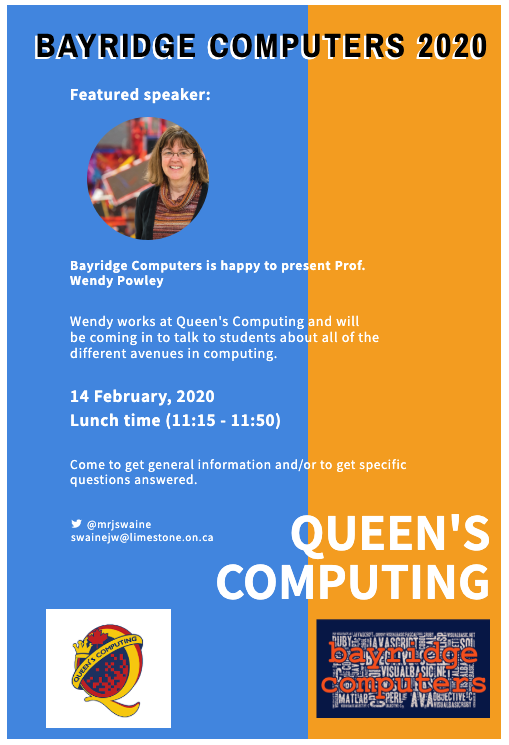 mrjswaine's tweet photo. A reminder to @BayridgeSS_LDSB students that Prof. Powley from @QueensComputing will be here TODAY at lunch in room 140 to talk about the myriad of different options in the post-secondary world of computer science!  All are welcome - come see your future! #bssStem https://t.co/eQsTZ09s96