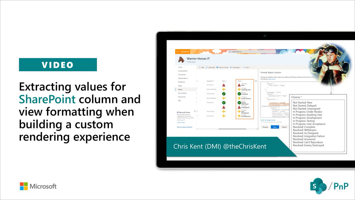SharePoint's tweet image. Great #Microsoft365dev and #SharePoint community demo by @thechriskent on extracting values for list column formatting when building a custom rendering experience youtube.com/watch?v=9KNNzO… #Office365dev #listformatting