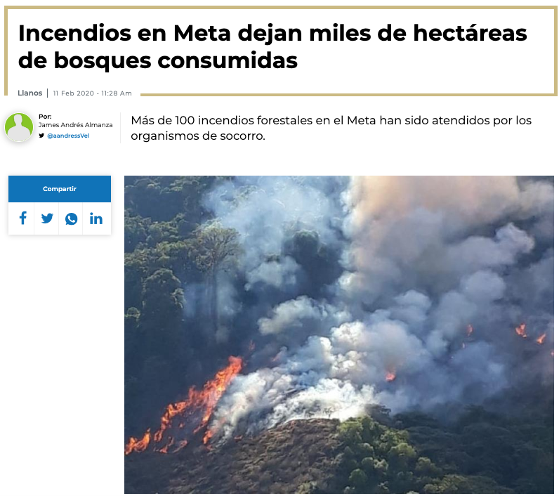 Cerca de 40 mil ha se han afectado por #IncendiosForestales en el Departamento de Meta. Esto afecta la #CalidadDelAire y, con ello, la salud pública. Las emisiones llegan hasta Bogotá, pero ¿los municipios del Meta están midiendo sus niveles de contaminación? <a href="/JuanGZuluaga/">Juan Guillermo Zuluaga</a>