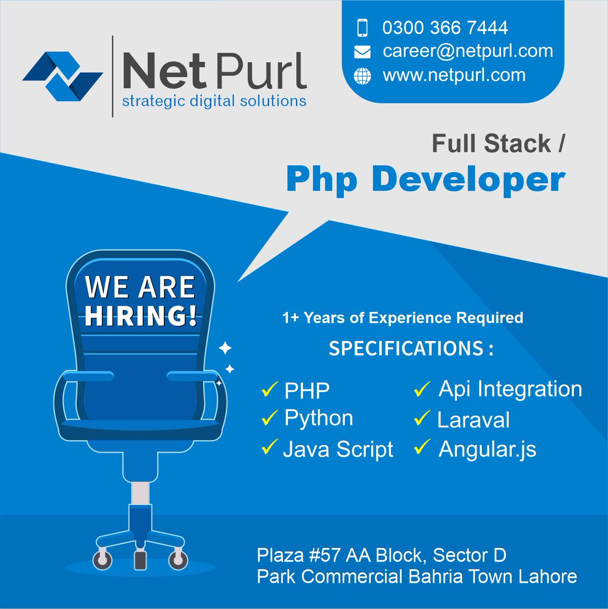 NetPurl's tweet image. We're looking for a professional and energetic "Full-stack/ Php Developer.
Send your resume at: career@netpurl.com
Visit Now: netpurl.com

#hiring #developers #PHP #Job #SoftwareDeveloper #netpurl #FullStack  #PakTurkFriendship #applynow
