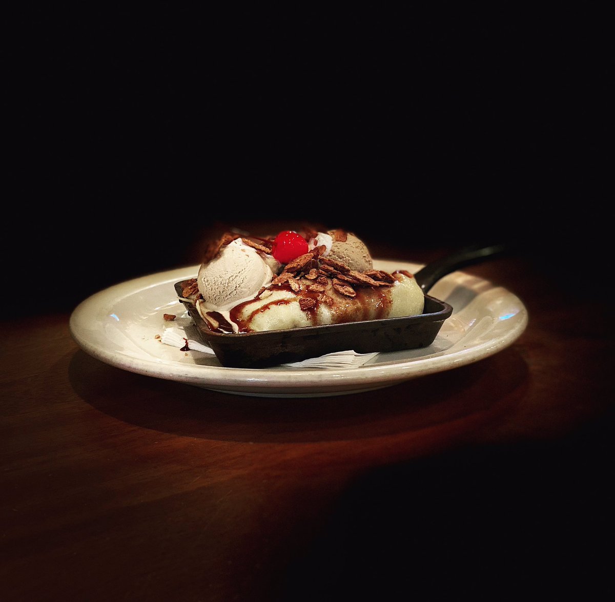 Love at first sight💘  Caramelized Bourbon-Banana Enchilada😋💕
W/ french crepes, Nutella, almonds, Dulce de Leche gelato.
Call for reservations, we’re nearly booked tonight, lotsa space Saturday. 
#crepes  #dessert #enchilada #valentines #mez_durham #bullcity #durhamfood #foodie