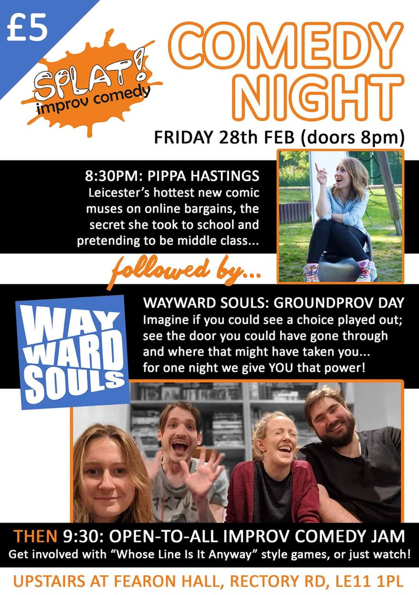 SplatImprov's tweet photo. We're SO excited for our first Splat Comedy Night on Friday 28th Feb. There is also a drop-in improv workshop beforehand (6:30-8pm) so you can try out your improv skills before signing up for the jam later on! 
Anyone coming to both halves of the night only has to pay £8. https://t.co/n0WtncfKAJ
