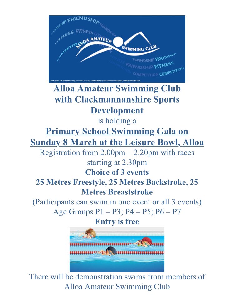 Letters were handed out this week to all pupils interested in <a href="/AlloaASCSwim/">Alloa Swimming Club</a> Gala taking place on Sunday the 8th of March! For anyone we may have missed please ask Miss Johnston for a letter. 🏊🏻‍♀️🏊🏼 See details below: