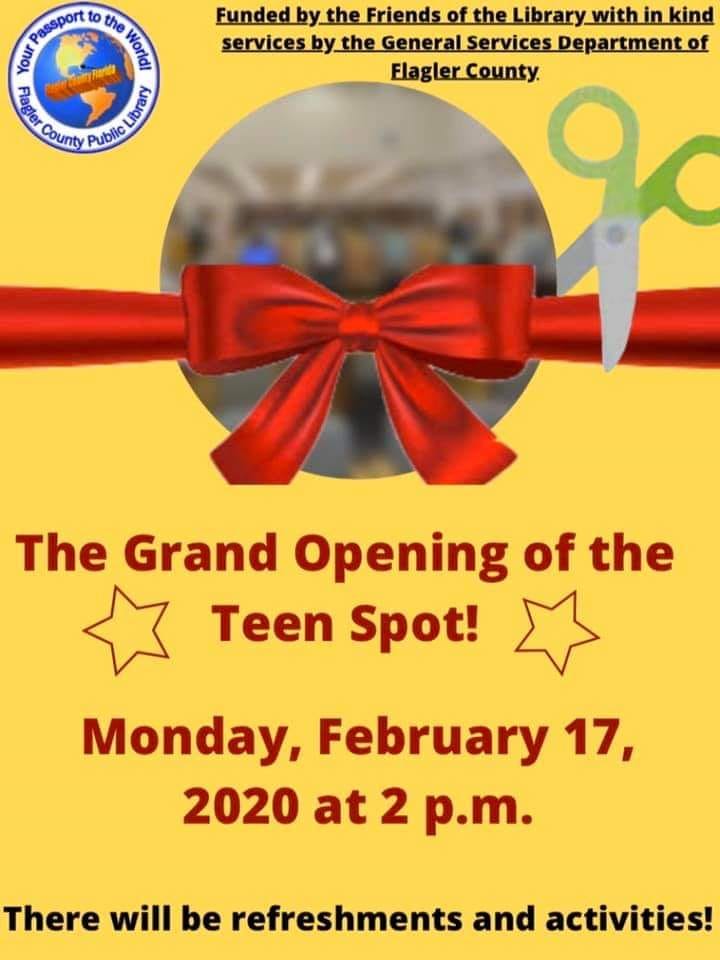 FriendsofFlagl1's tweet image. Please join us as the Flagler County Public Library celebrates Monday, February 17th at 2 pm the Grand Opening and Dedication of the new Teen Spot. Funded by the Friends of the Library. Light refreshments will be served. Located at 2500 Palm Coast Parkway.