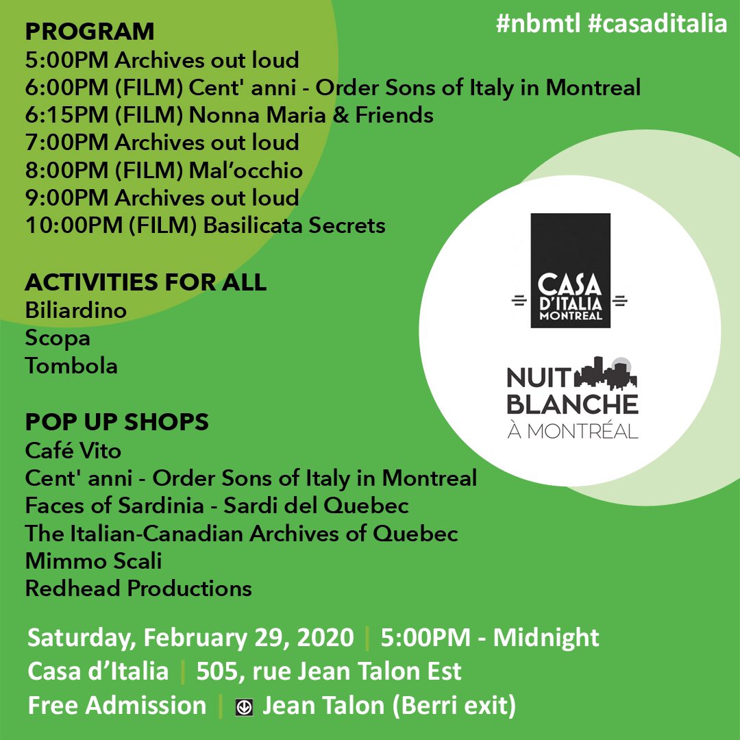 Passez la nuit avec nous! Spend the night with us! Nuit Blanche @ Casa d’Italia. 29 fev 2020 #nbmtl #casaditalia #montreal