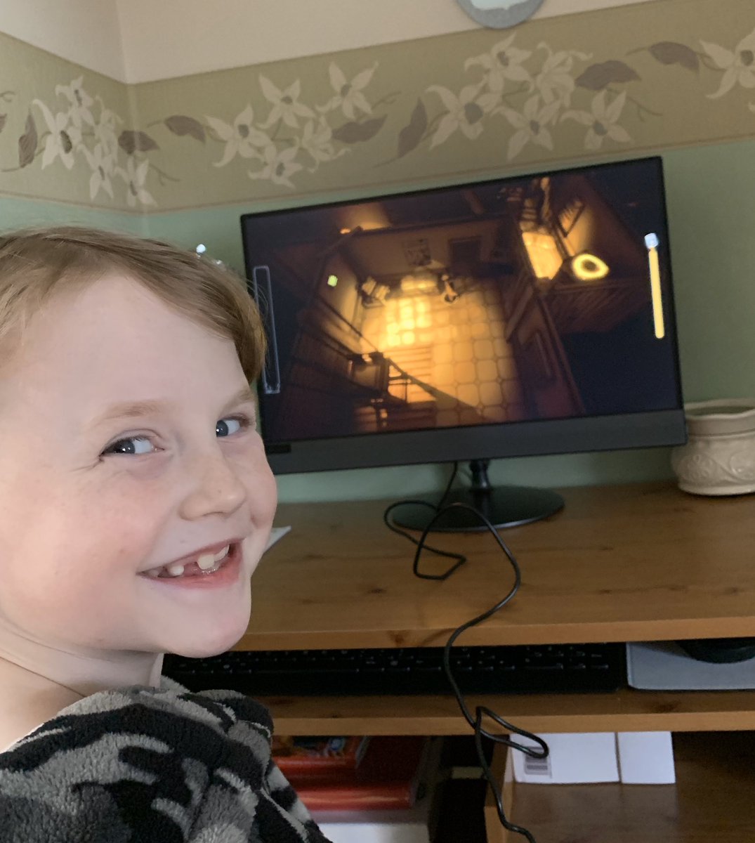 Seirian's tweet photo. He’s mine! All mine!!! iOS App Store £.99p. @BendyStoreUK @BATIMgame @themeatly @Foxygen_Prime @KindlyMikeMood @MattGoles @superhorrorbro #saveBoris #dancingwolf Just got to hide my phone from Bendys No.1 fan.....my boy. 😁 https://t.co/gsep2sZUFT