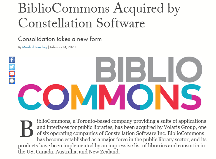 mbreeding's tweet photo. My article on the acquisition of BiblioCommons by Constellation Software has been posted on American Libraries @amlibraries @bibliocommons #LibTechNews

https://t.co/nh64AUxJ4I https://t.co/MjPU8zSnFG