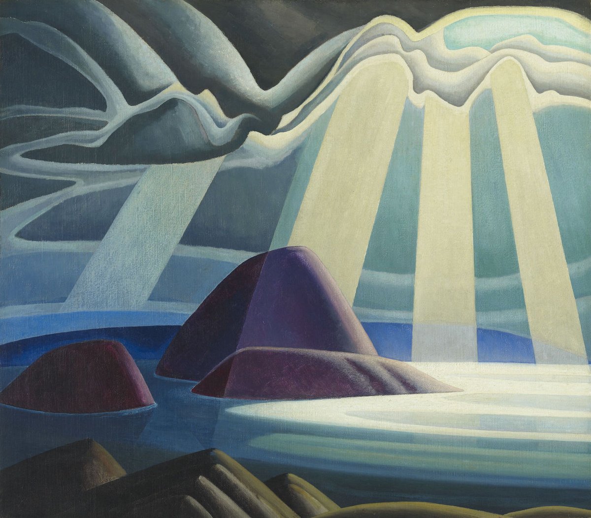 Paintings by Canadian artist Lawren Harris, 1920s-30s, known for his imposing modernist landscapes. He was a member of the Group of Seven, who sought to develop a distinctly "Canadian" style of art by focusing on nature