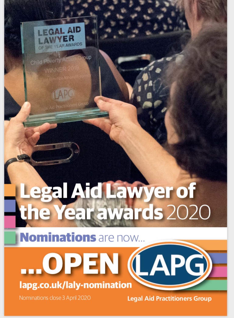 Hello &amp; happy Friday, legal aiders! 

We are launching #LALY20 on Monday 17th Feb, with 3 (count 'em!) new award categories for 2020. Here is a peek of our nice new flyer. 

Full details on how to nominate your legal aid heroes on lapg.co.uk next week....