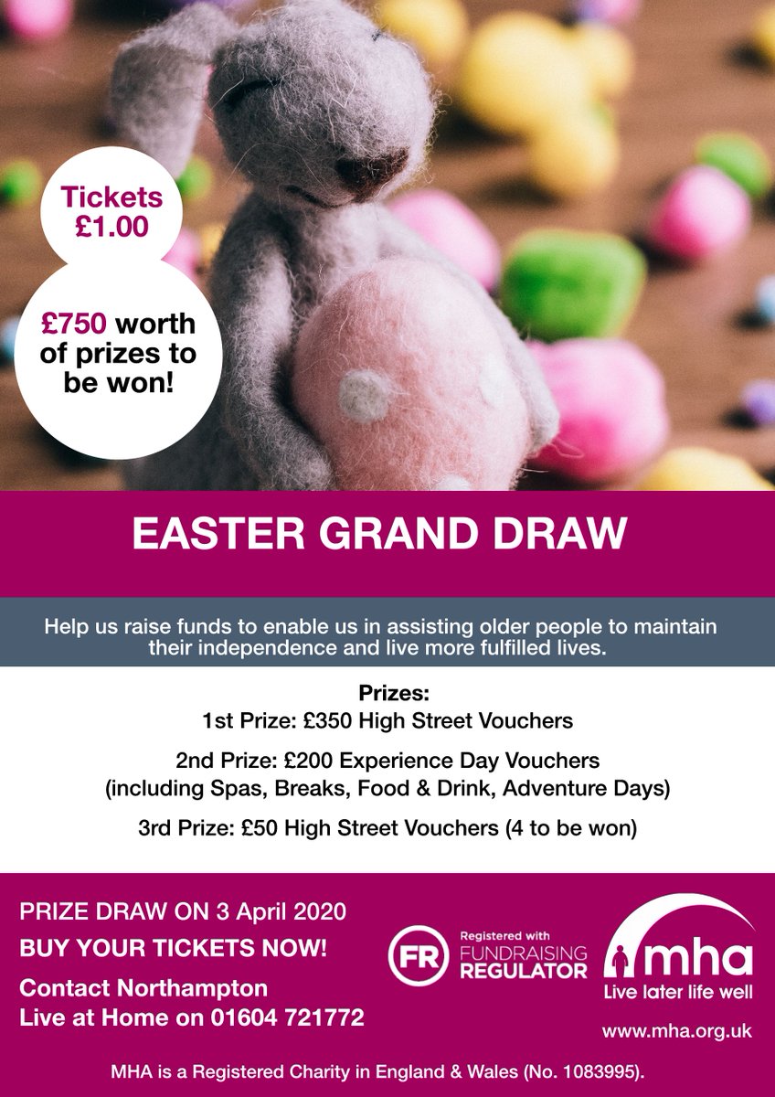 There's some fabulous prizes up for grabs in the MHA Easter Draw! You can buy your tickets now from the Northampton Live at Home Scheme. Just pop in during the week or give us a call on 01604 721772.