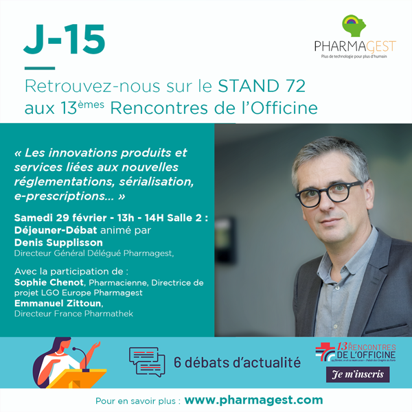 Pharmagest's tweet photo. [SALON #RENCOFF 2020] Déjeuner-débat animé par Denis Supplisson sur le thème « Les innovations produits et services liées aux nouvelles réglementations, sérialisation, e-prescriptions… » Inscrivez-vous ! #Pharmacie @rencontredeofficine @revuepharma https://t.co/VCBlqlVZFS
