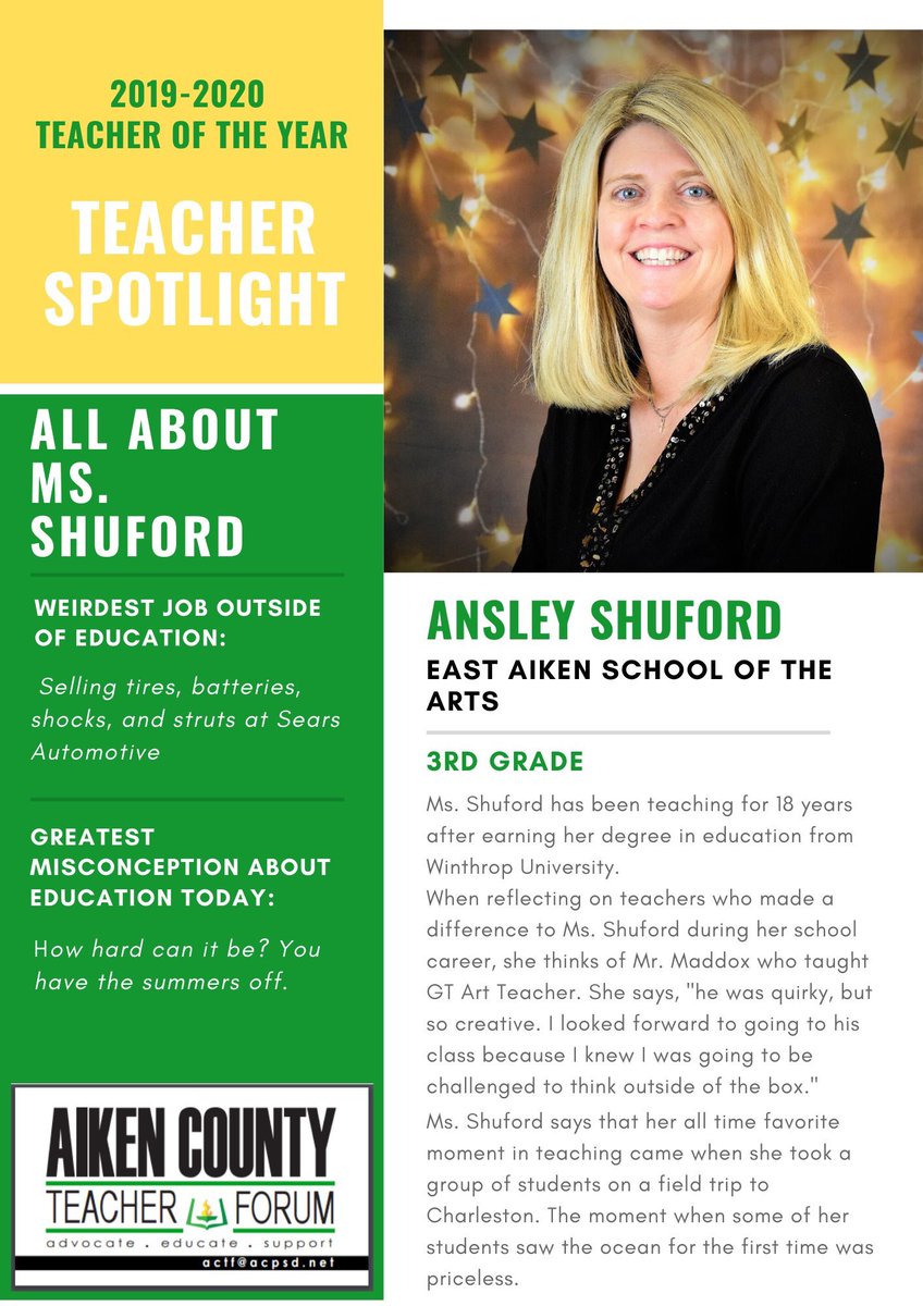 We will be welcoming our 2020-2021 Teachers of the Year very soon; until then we will continue recognizing this year's stars.

🔦 2019-2020 Teacher of the Year Teacher Spotlight:
Ms. Ansley Shuford from <a href="/EastAiken/">East Aiken</a> 

#teacherleaders #ACTFsupports #ACTFadvocates #TOY