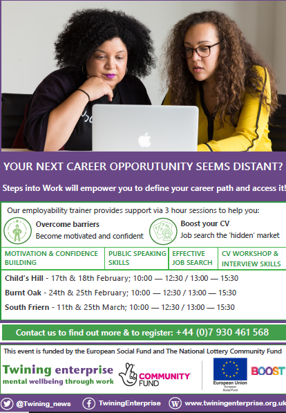 BoostBarnet's tweet image. Looking forward to the Employability Workshops this Monday at 184 Cricklewood Lane. Last 3 places free, so hurry up to sign up: 07 930 461 568 @Twining_news #career #emploability #loveyourwork #boostCV