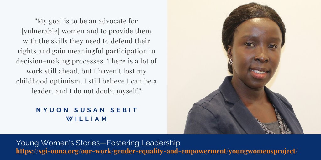 SGI_OUNA's tweet image. It&apos;s been a year since we posted our first story! Nyuon Susan Sebit William of #SouthSudan 🇸🇸 shares her efforts as a #lawyer and #peacebuilder to empower women. But this didn&apos;t come easy. Read more to learn why. #youngwomenleaders #GenerationEquality

sgi-ouna.org/our-work/gende…