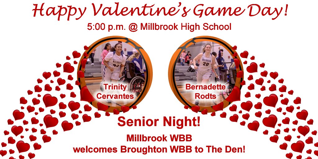 ♥️ Millbrook vs. Broughton ⚘
♥️ Feb. 14 ⚘
♥️ 5 p.m. ⚘
♥️ Millbrook HS ⚘