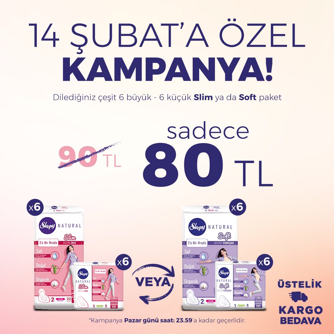 SleepyKizlari's tweet image. 14 ŞUBAT’A ÖZEL SLIM&amp;amp;SOFT KAMPANYA🎁❤️

Dilediğiniz çeşit 6 Büyük + 6 Küçük Slim ya da Soft paket SADECE 80 TL!📣

Hemen link’e tıklayın!👆🏻 bit.ly/2SX4l8T

Üstelik KARGO BEDAVA! 🚚

#sleepy #sleepynatural #slimsoft #kadınpedi #rahatlık #çokdoğal #kampanya