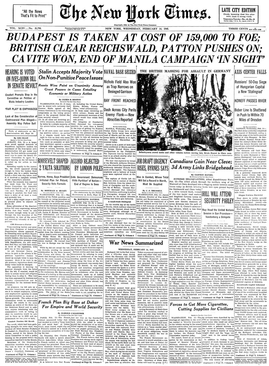 Feb. 14, 1945: Budapest Is Taken At Cost Of 159,000 To Foe; British Clear Reichswald, Patton Pushes On; Cavite Won, End Of Manila Campaign 'In Sight'  https://nyti.ms/38u9ICN 