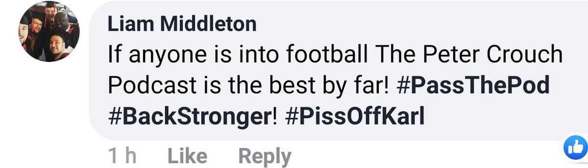 LMiddleton95's tweet photo. I was scrolling through a Facebook Group that has 53k members. Someone was asking what the best podcast was. The only winner is The @petercrouch Podcast! I've lost count of how many times I've cried with laughter! #passthepod #backstronger #PissOfKarl @Chris_Stark @tomfordyce https://t.co/ZTyJwVJQcl