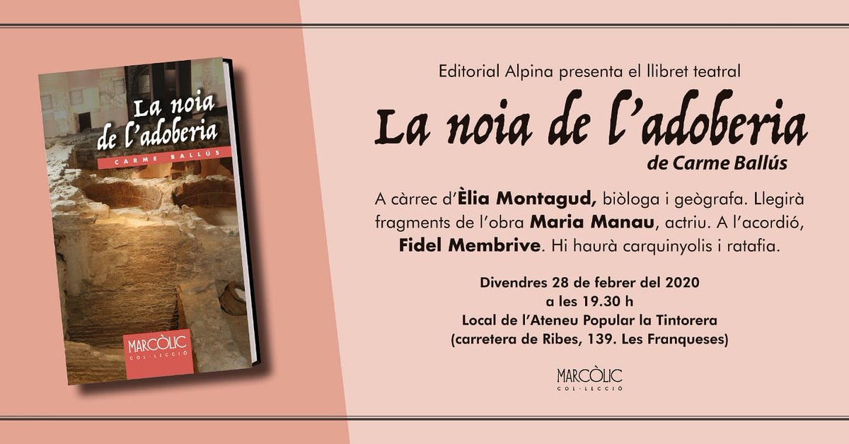 El divendres 28 de Febrer a dos quarts de vuit es farà una lectura de fragments de l'obra "La noia de l'adoberia" a càrrec de Èlia Montagud Maria Manau i amb l'acompanyament de Fidel Membrive a l'acordió. Hi haurà també un mos de carquinyolis i ratafia. Us hi esperem a tots!!!!