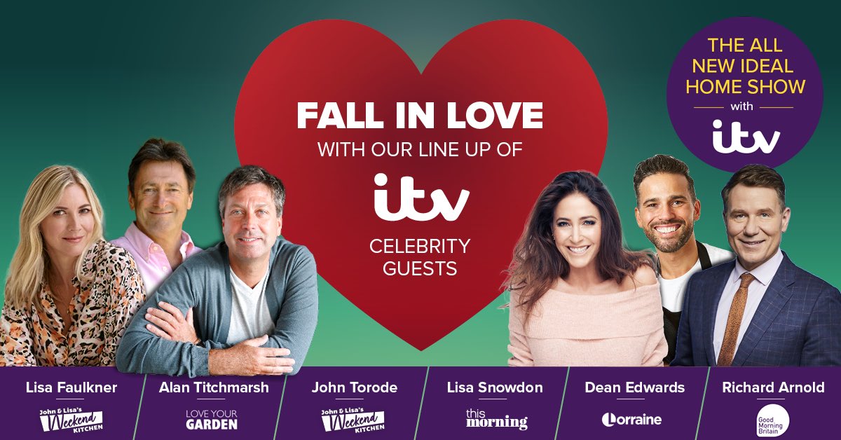 It’s all change at #IdealSpring – we’ve teamed up with ITV so expect more celebrities, amazing show features &amp; an even better day out! Fall in love with our line-up including <a href="/RichardAArnold/">Richard Arnold</a>, <a href="/Lisa_Snowdon/">Lisa Snowdon</a> &amp; many more. Get your tickets here bit.ly/39xFtee #ValentinesDay