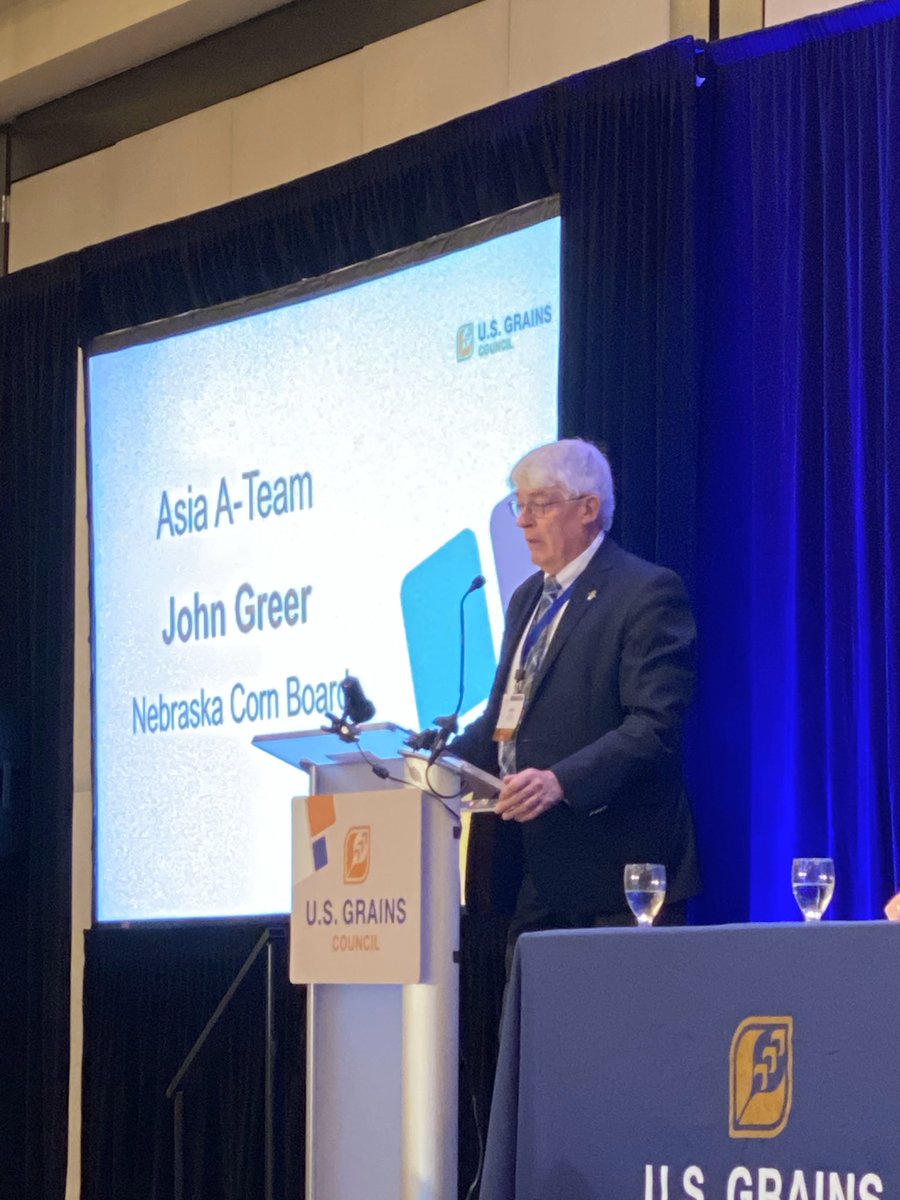 NECornBoard's tweet image. John Greer, district 2 director of the Nebraska Corn Board, addresses attendees of the U.S. Grains Council’s 17th International Marketing Conference. John serves as the lead of the Asia Action Team with @USGC. #grains20