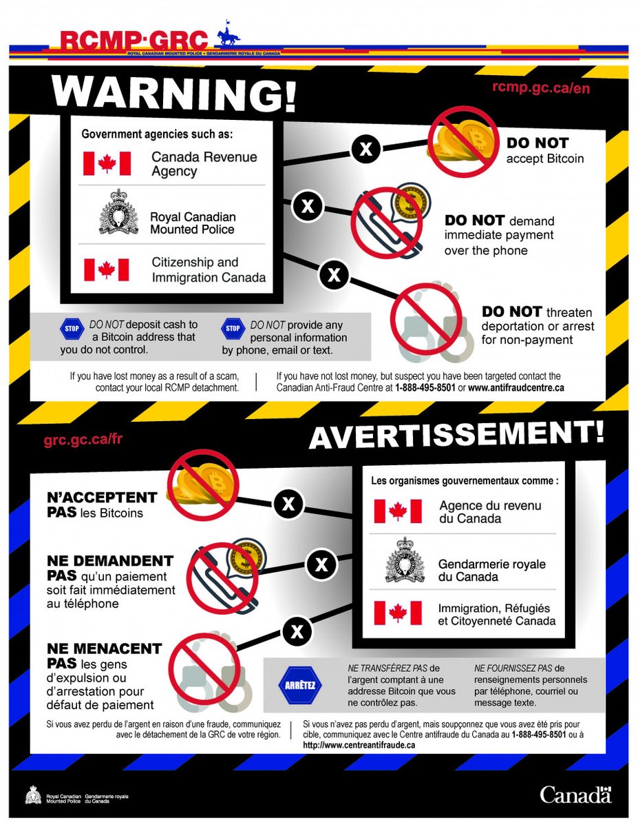 SudburyPolice's tweet photo. Remember, government agencies such as the Canada Revenue Agency, Citizen and Immigration Canada and @rcmpgrcpolice:
- Do NOT accept bitcoin
- Do NOT demand immediate payment over the phone
- Do NOT threaten deportation or arrest for non-payment

#DontGetScammed #FraudPrevention https://t.co/Zmla4kFZlw