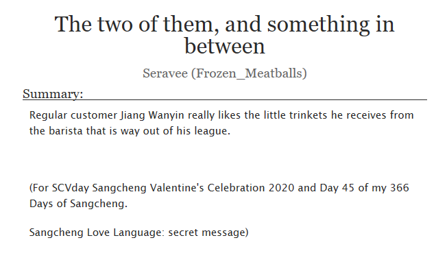 redseravee's tweet photo. Day 45 #sangcheng for Valentine's 2020 #scvday 

Coffee Shop AU

My interpretation of love language is: codes, ciphers and secret messages :D

5.7k words and nearly yeeted me

https://t.co/UdE0A5c6mL https://t.co/zDY8L8gs5o