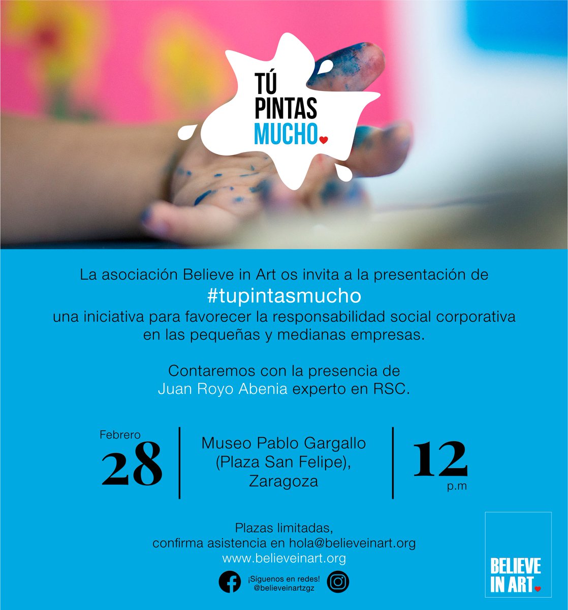 Afiris's tweet photo. #TuPintasMucho es el nuevo proyecto de @Believe_in_Art  en el que hemos colaborado con mucha ilusión. Diseñado para fomentar la responsabilidad social en las empresas, si quieres saber más ven a la presentación o escribe a tupintasmucho@believeinart.org #RSC https://t.co/VvQclzEoMh