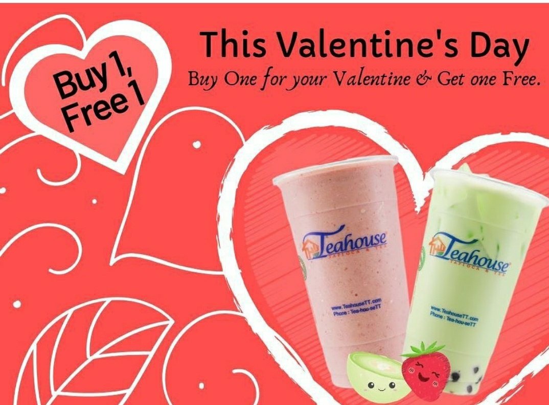 theTeahouseTT's tweet photo. Happy Valentine's Day!!!!
Remember to come see us for a special treat today. Buy One Get One Free.

❤️ 

Ask for our Strawberry Hearts sinker too, no charge, cuz we love y'all too! ❤️

#teahouse #teahousett #teahousetapioca #Houston #love #ValentinesDay #HappyValentinesDay https://t.co/wU8oku9YSt