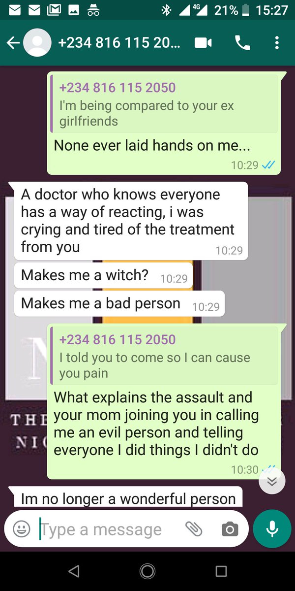 57.Issues weren't resolved that day, which was August 15th of 2019.Looking at her that day I felt pity and I called her later, but she said she would talk to me later. That same evening, she started to tweet about feeling suicidal and how her world was over!