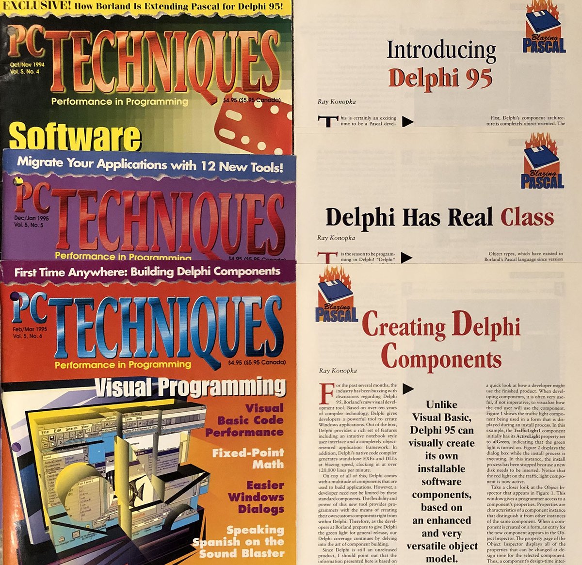 RayKonopka's tweet image. Happy 25th Birthday Delphi! What a journey! So fortunate to be involved in the early days. Pic of my first 3 Delphi articles for my Blazing Pascal column published in PC Techniques.  #Delphi25th #Delphi25