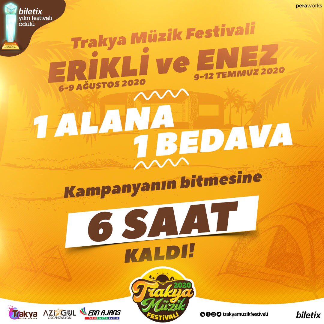 📢 1alana1bedava için 6 SAAT 📢
#TrakyaMüzikFestivali #Erikli ve #Enez 1alana1bedava kampanyasında son gün bugün! Saat 23.59’a kadar biletini al, eğlenceye ortak ol! 🥁 #festival 
bit.ly/TrakyaMuzikFes…