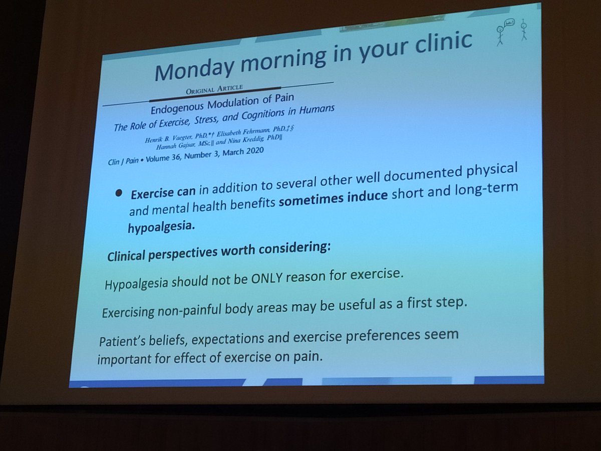 El ejercicio puede inducir hipoalgesia a corto y largo plazo. 
1-Esto no debe ser el objetivo del ejercicio
2-Podemos comenzar ejercitando áreas distales al dolor
3-Debemos abordar las creencias y expectativas del paciente
@Sefid_edupain @fisioaragon #VCongresoFisioterapiayDolor