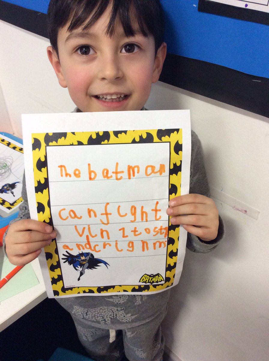 OABroadoak's tweet photo. Lovely to see our Reception boys writing independently this afternoon. Zaidan was very keen to share, โThe batman can fight villains and crimeโ #creativewriting #welovewritingaboutsuperheroes #owninterests #welovetowrite https://t.co/mc0iJlRNnY
