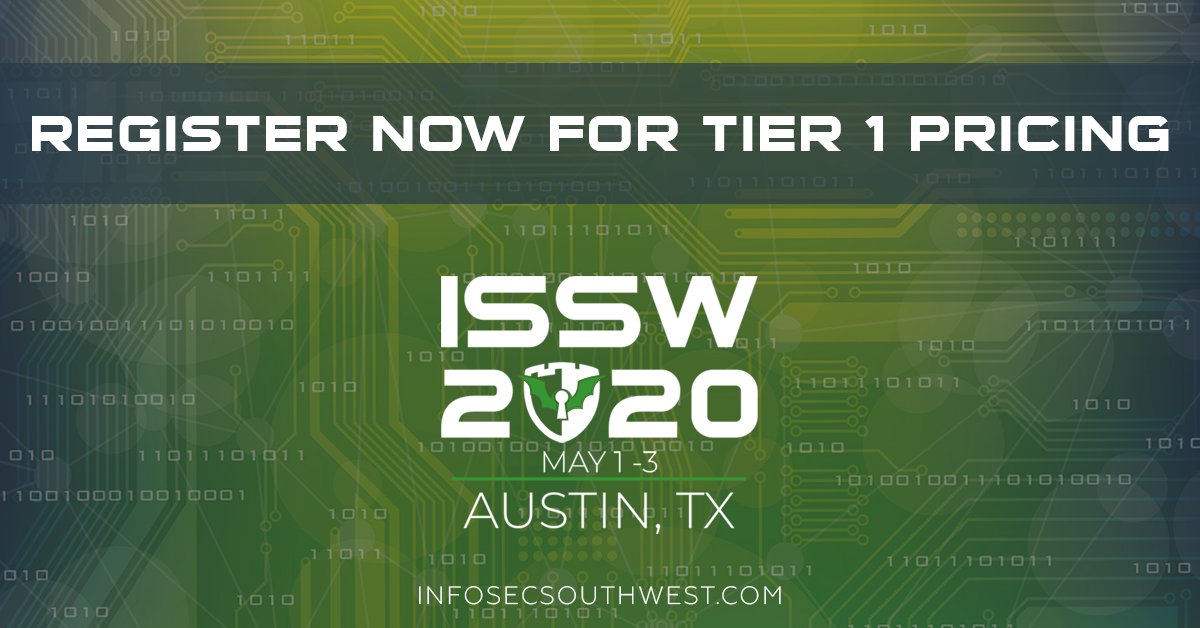 Register early and get tier one pricing. Coming as part of a group of 10+? Email us directly and let's see what we can do. See you in May! infosecsouthwest.com #infosec #ATX #CyberSecurity #hacker