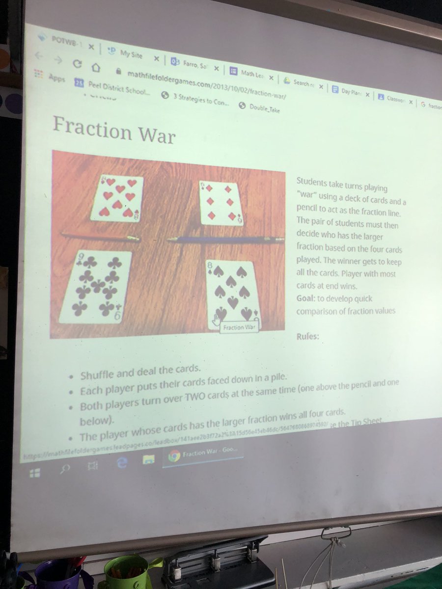 sally_farro's tweet image. Playing Fraction War to review our understanding of how to compare fractions @AllanAMartinPS #engagemath