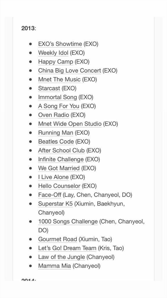 nzrone's tweet photo. 🍒🍒List variety show Exo 🍒🍒

Tahun 2013      🌻🌻    Tahun 2014 https://t.co/UZiskSqxDC
