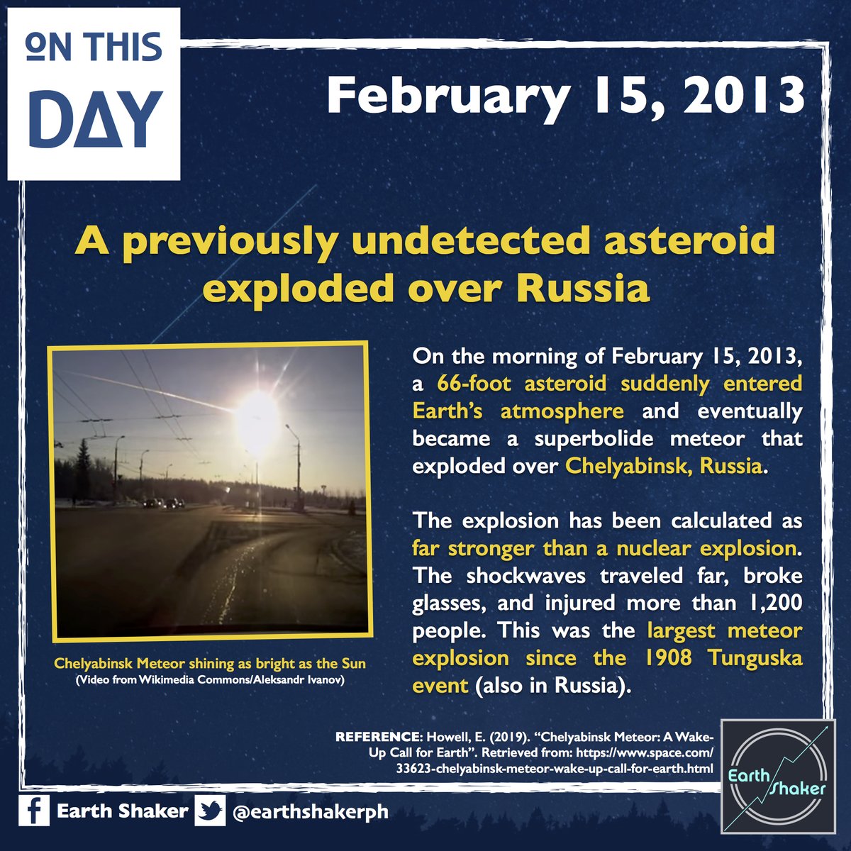 Earth Shaker Ph Onthisday In 13 An Undetected Asteroid Entered The Earth S Atmosphere Exploded And Injured More Than 1 0 People In Russia The Fact That It Was Undetected Before It