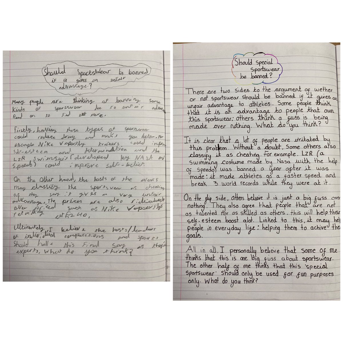 HStBenedicts's tweet photo. #Year6 #BritishValues #BalancedArguments #Writing @HelpPicture We used Picture News and the debate of whether or not specialist sportswear is cheating to help us learn to write balanced arguments as part of our current writing unit. https://t.co/cd0Nfs8aPZ