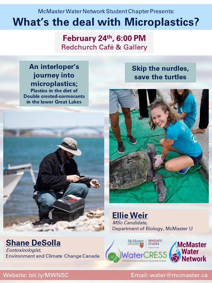 MacWaterNetSC's tweet image. Come out and learn all about microplastics on February 24th at 6:00 PM at RedChurch Café and Gallery. 

We are extremely excited to have two talks from Shane de Solla (ECC) and Ellie Weir (MSc candidate, McMaster University).

#microplastics #pollution #water #toxicology #HamOnt