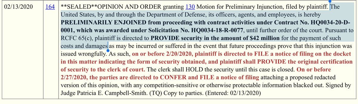 Whoooospie...“...hereby PRELIMINARILY ENJOINED from proceeding with contract activities under Contract No. HQ0034-20-D-0001, which was awarded under Solicitation No. HQ0034-18-R-0077, until further order of the court...”